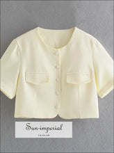 Sun-imperial Yellow Two Piece Mini Skirt Set Short Sleeve Pockets Crop top and Slim Cut 2 piece, piece set, skirt chick sexy style, set