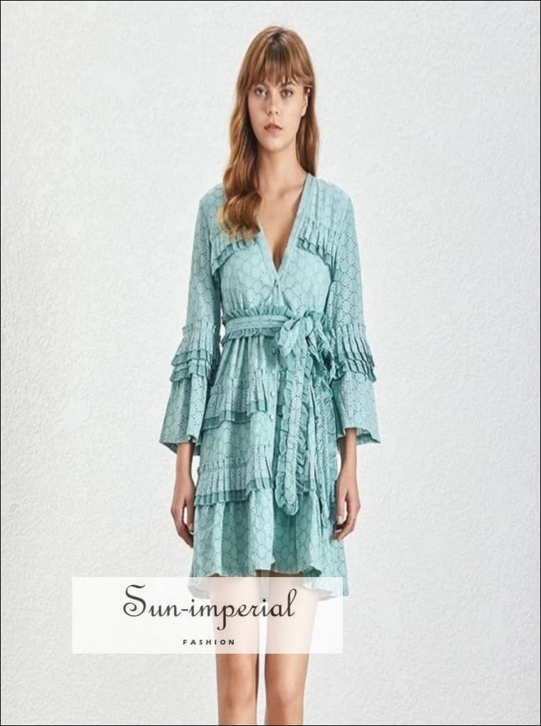 You and i Dress - Solid Lace Flare Sleeve Mini Dress V Neck High Waist Pleated Dress You and i Dress - Solid Lace Flare Sleeve Mini Dress V Neck High Waist Pleated Dress