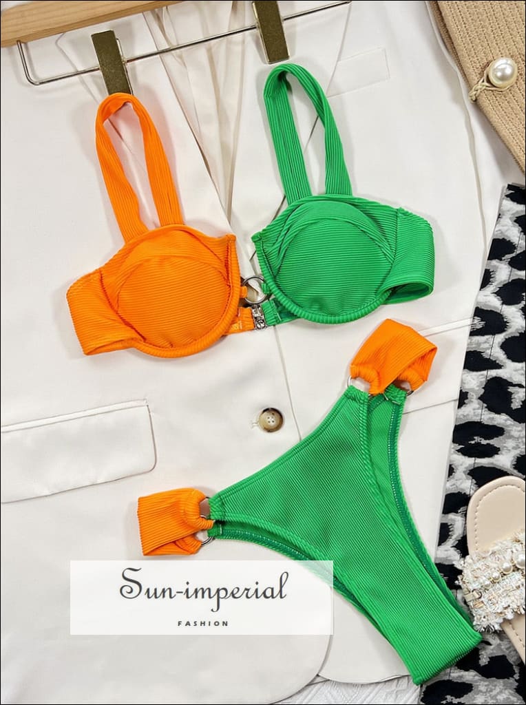 Geometric Print Underwire High-Cut Green Bikini Set