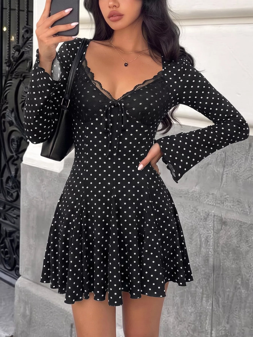 Polka Dot Lace Trimmed V-Neck Mini Dress – Sun-Imperial