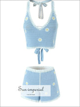 Women’s Crochet Daisy Print Two Piece Shorts Set With Halter Cami Tank Top And High Waist Blue Sun-Imperial United States