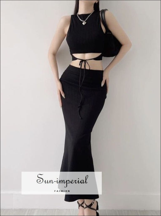 Two Piece Midi Skirt Set With High Neck Warp Around Cropped Top And Mermaid Sun-Imperial United States