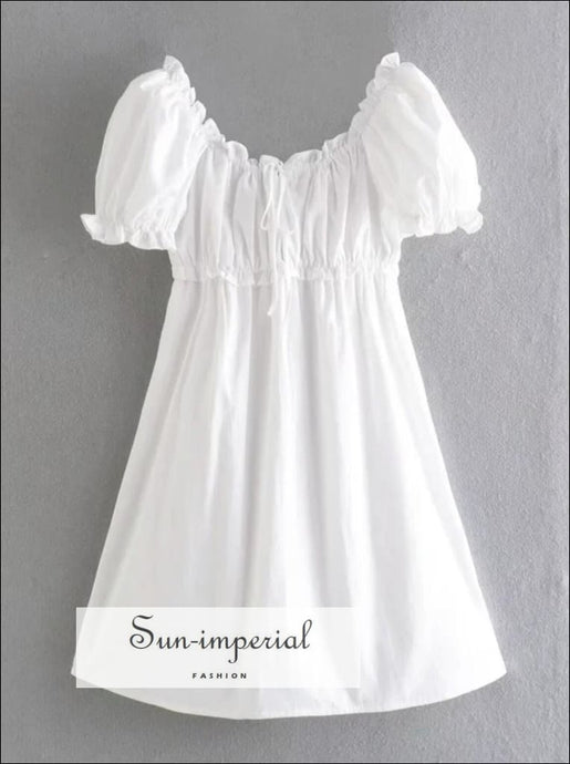 Women’s White Short Puff Sleeve Square Collar Mini Dress With Ruched Bodice And Center Tie Detail Sun-Imperial United States