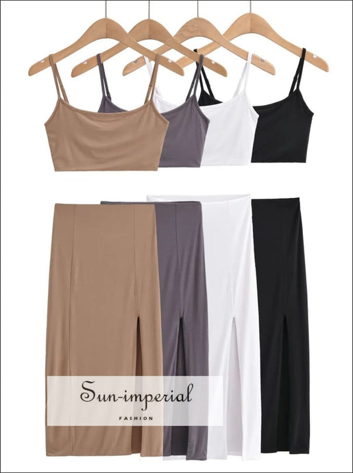 Women’s Square Collar Cropped Top Camisole And Midi Pencil Skirt Set With Side Slit Detail top midi Sun-Imperial United States