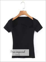Women Cropped Knitted Solid Irregular Square Collar Short Sleeve Top Sun-Imperial United States