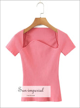 Women Cropped Knitted Solid Irregular Square Collar Short Sleeve Top Sun-Imperial United States