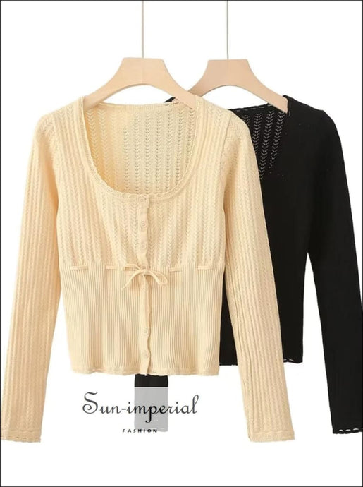 Women’s Single Breasted Cropped Pointelle Knitted Cardigan Sweater With Waist Bow Detail Sun-Imperial United States