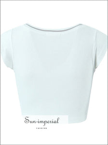 Women’s White Short Sleeve v Neck Ribbed Cropped Top V neck Sun-Imperial United States