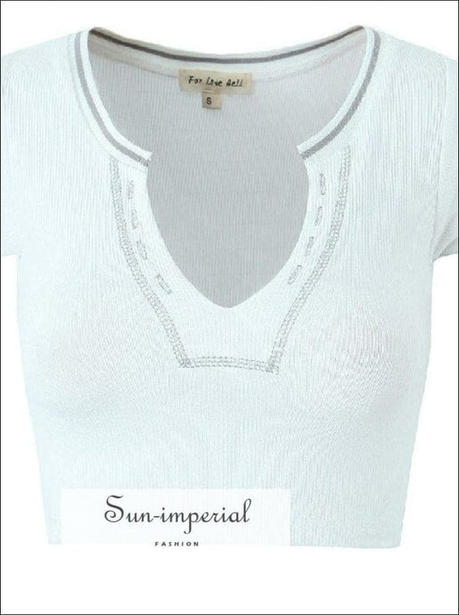 Women’s White Short Sleeve v Neck Ribbed Cropped Top V neck Sun-Imperial United States