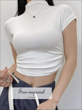 Women’s High Collar Ribbed Ruched Side Short Sleeve Croppd Tee Sun-Imperial United States