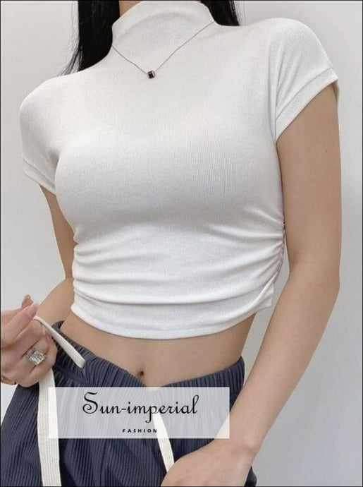 Women’s High Collar Ribbed Ruched Side Short Sleeve Croppd Tee Sun-Imperial United States