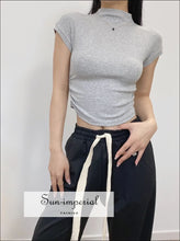 Women’s High Collar Ribbed Ruched Side Short Sleeve Croppd Tee Sun-Imperial United States