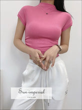 Women’s High Collar Ribbed Ruched Side Short Sleeve Croppd Tee Sun-Imperial United States