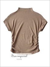 Women’s High Collar Ribbed Ruched Side Short Sleeve Croppd Tee Sun-Imperial United States