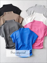 Women’s High Collar Ribbed Ruched Side Short Sleeve Croppd Tee Sun-Imperial United States