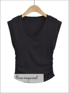 Women’s Solid Slaveless v Neck Top With Ruched Waist Detail BASIC, Basic style, V neck Sun-Imperial United States