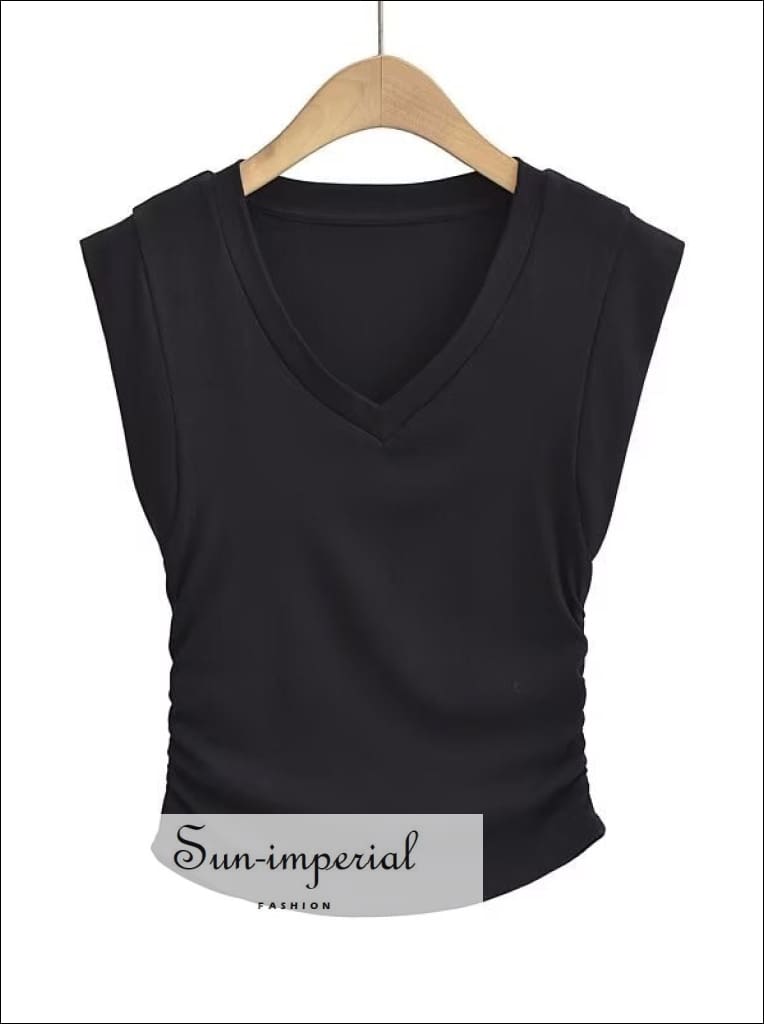 Women’s Solid Slaveless v Neck Top With Ruched Waist Detail BASIC, Basic style, V neck Sun-Imperial United States