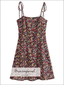 Women’s Black Floral Print Tie Cami Strap Corset Style Mini Dress With Elastic Back Detail Sun-Imperial United States