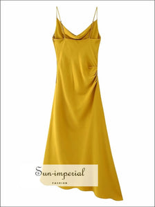 Women’s Yellow Satin Slit Sleeveless Asymmetrical Midi Dress Sun-Imperial United States