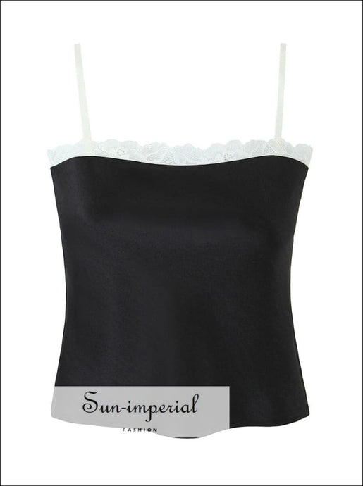 Women’s Black Square Neck Camisole Top With White Lace Detail Sun-Imperial United States