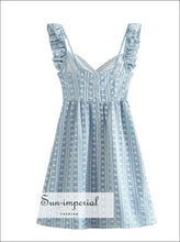 Blue White Plaid Embroidery Mini Dress With Ruffle Straps Detail Sun-Imperial United States
