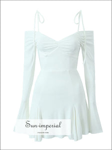 Sun-Imperial - Womens White Off The Shoulder Long Sleeve Mini Dress with Tie Straps Detail White / S Sun-Imperial - Womens White Off The Shoulder Long Sleeve Mini Dress with Tie Straps Detail White / S