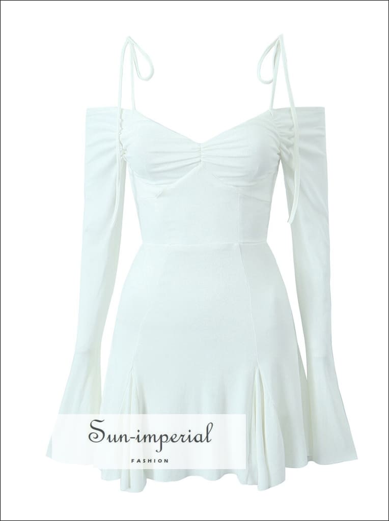 Sun-imperial - women's white off the shoulder long sleeve mini dress with tie straps detail Sun-Imperial Sun-imperial - women's white off the shoulder long sleeve mini dress with tie straps detail Sun-Imperial