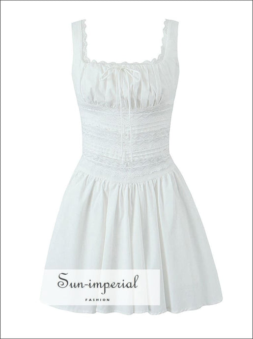 White Square Neckline Rushed Bodice Center Bow Sleeveless Mini Dress With Lace Detail Sun-Imperial United States