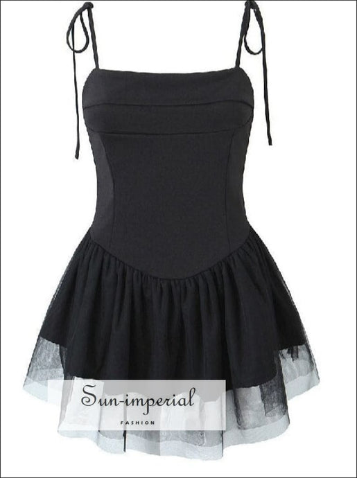 Women’s Black A-line Tie Cami Strap Mini Dress With Sheer Lace Detail A-Line Sun-Imperial United States