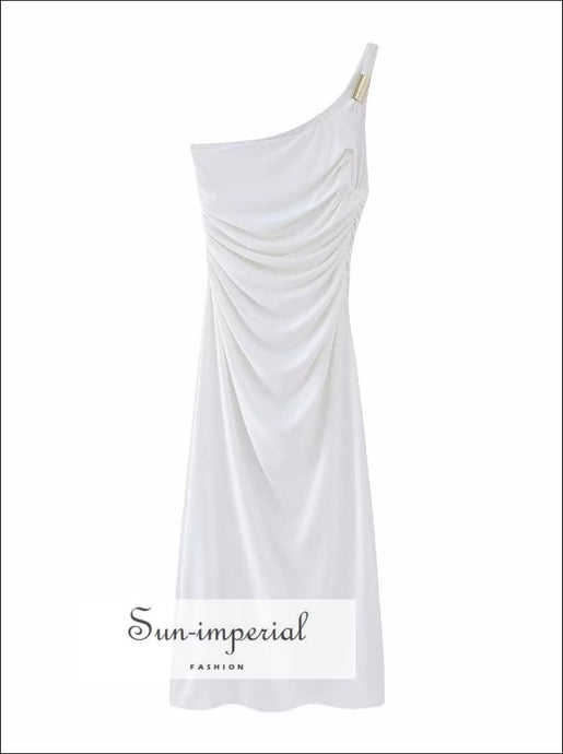 Woman’s White Ruched Skew Collar One Shoulder Midi Dress With Gold Ring Strap Detail Sun-Imperial United States