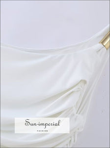 Woman’s White Ruched Skew Collar One Shoulder Midi Dress With Gold Ring Strap Detail Sun-Imperial United States