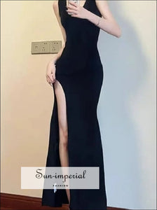 Women’s u Neckline Knitted Maxi Dress With High Slit Detail U neckline Sun-Imperial United States