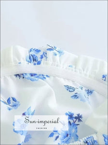 Women’s White With Blue Floral Print Corset Style Strapless Mini Dress Ruffle Detail style Sun-Imperial United States
