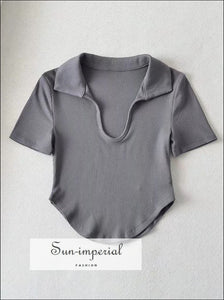 Women’s Asymmetric Hem Ribbed Cropped Top With u Neckline And Polo Collar Detail with U Sun-Imperial United States