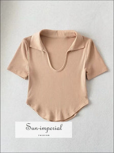 Women’s Asymmetric Hem Ribbed Cropped Top With u Neckline And Polo Collar Detail with U Sun-Imperial United States