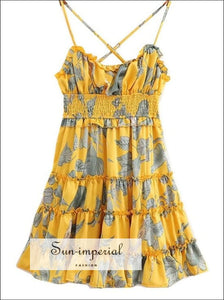 Women’s Yellow With Blue Leaf Print Cross Back Satin Mini Dress Ruffles Hem Detail Sun-Imperial United States