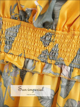 Women’s Yellow With Blue Leaf Print Cross Back Satin Mini Dress Ruffles Hem Detail Sun-Imperial United States