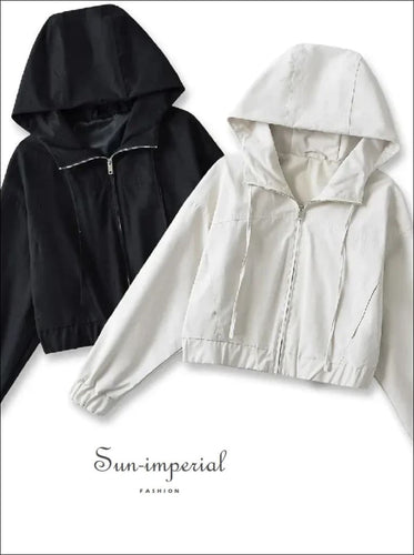 Women’s Drawstring Hooded Cropped Jacket with Front Zipper With Sun-Imperial United States