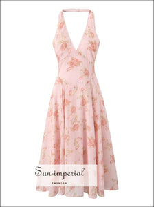 Sun-imperial - women's pink floral halter deep v neckline a-line midi dress Sun-Imperial Sun-imperial - women's pink floral halter deep v neckline a-line midi dress Sun-Imperial