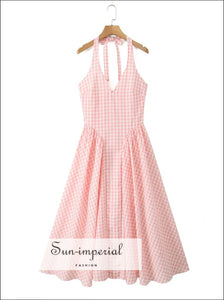 Women’s Backless Plaid Pink White Halter v Midi Dress V Sun-Imperial United States