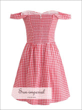 Women’s Red White Plaid off the Shoulder Short Sleeve Mini Dress Off The Sun-Imperial United States