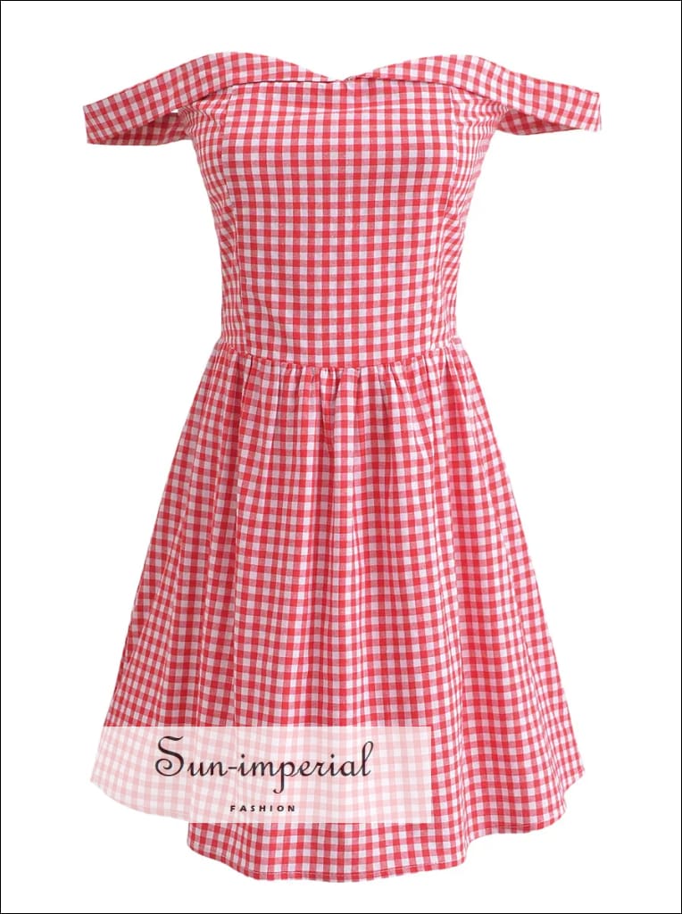 Sun-imperial - women's red White plaid off the shoulder short sleeve mini dress as picture / M Sun-imperial - women's red White plaid off the shoulder short sleeve mini dress as picture / M