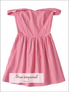 Women’s Red White Plaid off the Shoulder Short Sleeve Mini Dress Off The Sun-Imperial United States