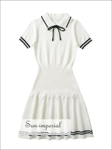 Women’s White A-line Short Sleeve Knitted Dress with Black Stripes and Bow Detail A-Line With stripes And Sun-Imperial United States