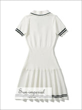 Women’s White A-line Short Sleeve Knitted Dress with Black Stripes and Bow Detail A-Line With stripes And Sun-Imperial United States