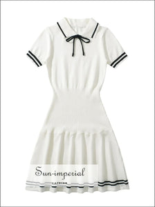 Women’s White A-line Short Sleeve Knitted Dress with Black Stripes and Bow Detail A-Line With stripes And Sun-Imperial United States