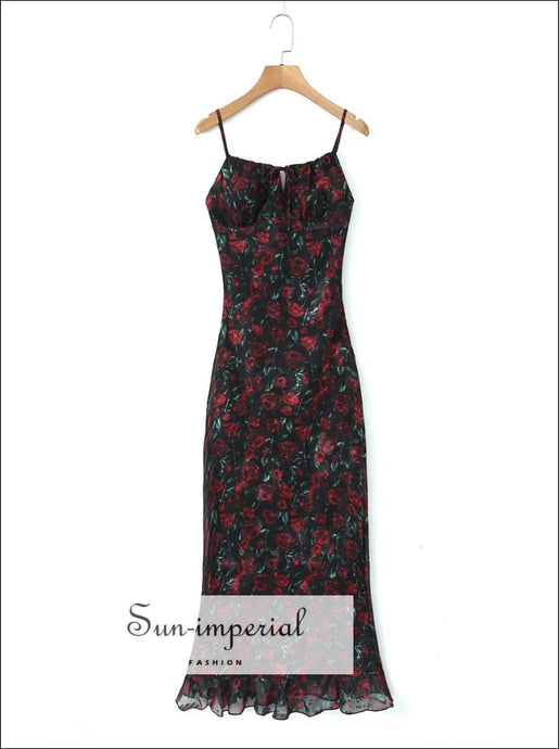 Women’s Black Midi Dress With Red Rose Print Sling Sun-Imperial United States