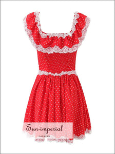 Women’s White off the Shoulder Pleated Mini Dress with Lace and Buttons Detail Red Polka Dot Off The With And Detail, Sun-Imperial United