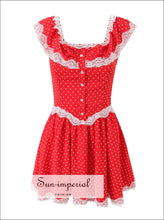 Women’s White off the Shoulder Pleated Mini Dress with Lace and Buttons Detail Red Polka Dot Off The With And Detail, Sun-Imperial United