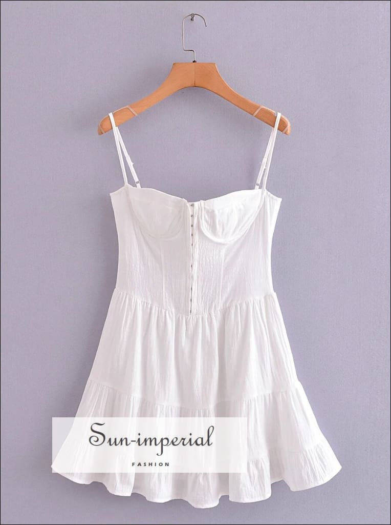 Women’s White Corset Style A-line Layered Sleeveless Mini Dress With Hooks Detail style A-Line Sun-Imperial United States